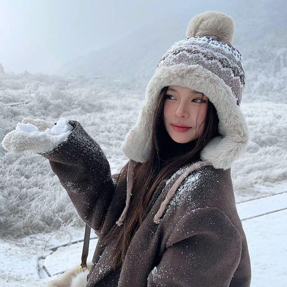 Теплая вязаная плюшевая шапка, ветрозащитная, пуловерная, шапка-бини, зимняя, для защиты ушей, женская