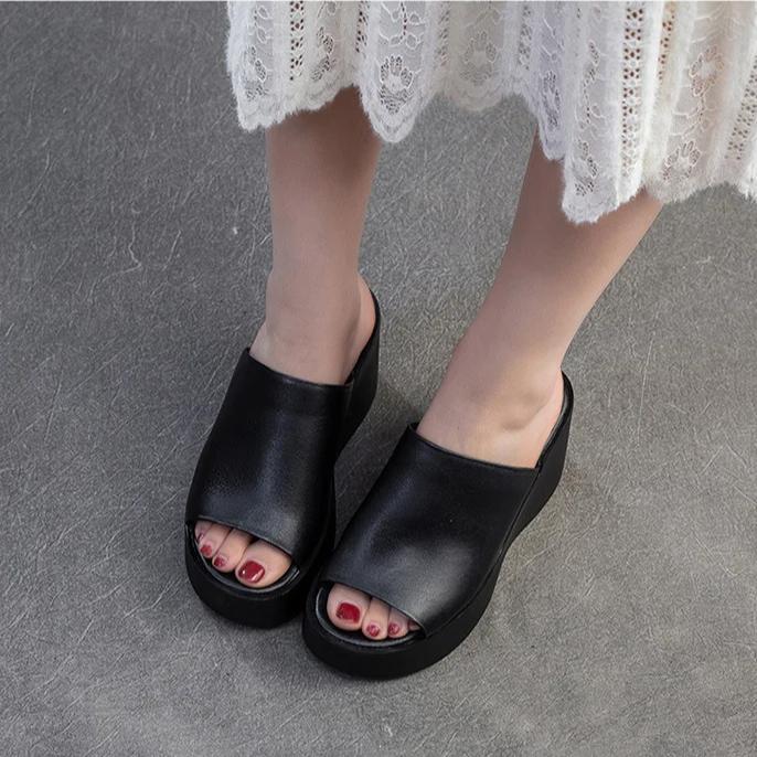 Johnature Увеличивающие рост легкие уличные тапочки на танкетке из натуральной кожи с открытым носком повседневная женская обувь