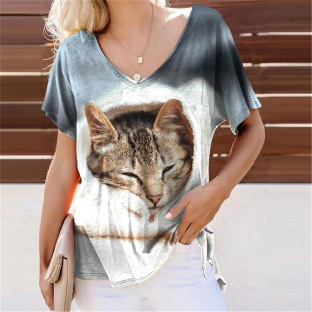 Летние милые футболки с 3D-принтом кошек, женские повседневные футболки с V-образным вырезом и коротким рукавом, Y2k, харадзюку, футболки с животными, свободные топы, женская одежда