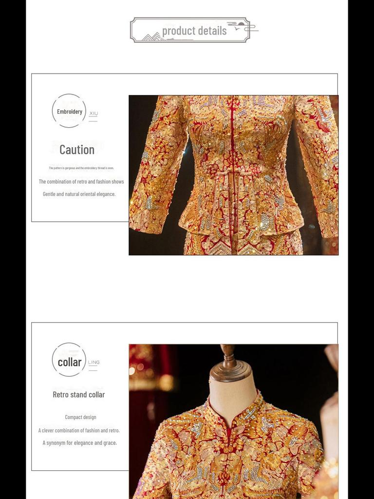 2022 Xiuhe Gold Chinese Wedding Dress: Elegant Slim Dragon and Phoenix Gown for Brides