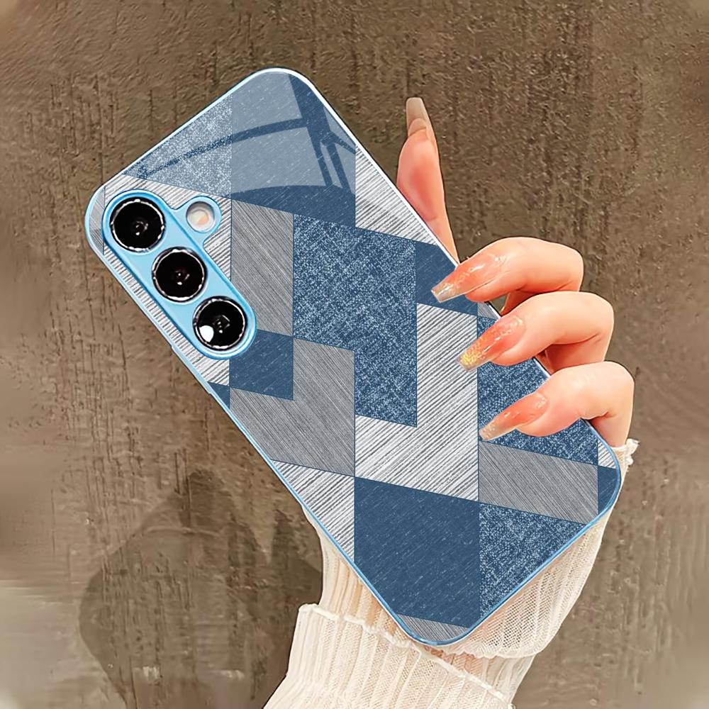 Чехол с синим клетчатым узором для Samsung Galaxy S26 S25 S24 S23 S22 FE Ultra Plus Со стеклянным покрытием ощущением голого корпуса Мужской женский