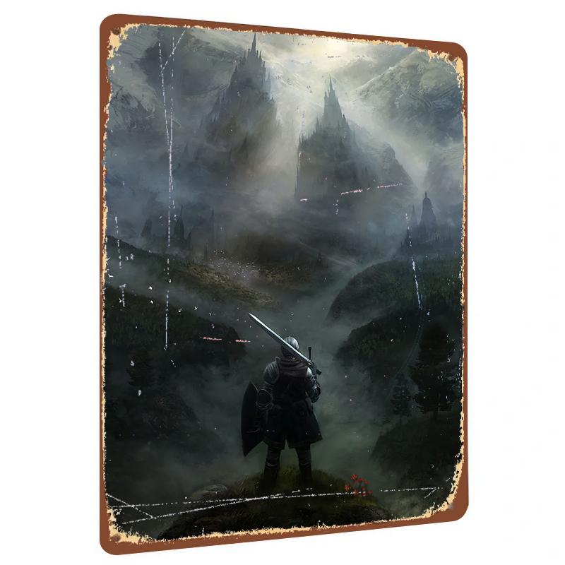 Epic Warrior Landscape Metal Wall Art Fantasy Medieval Knight Scenery Decorative Iron Painting for Home Office