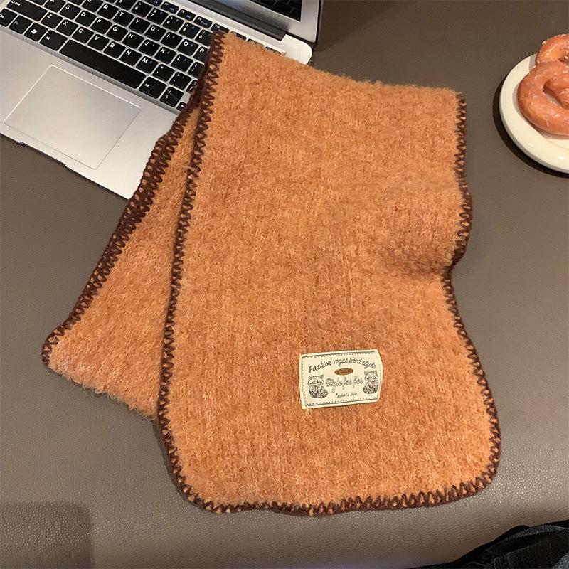New Style Knitted Contrasting Edged Scarf for Women High End Retro Thickened and Warm Korean Version All Match Scarf for Winter