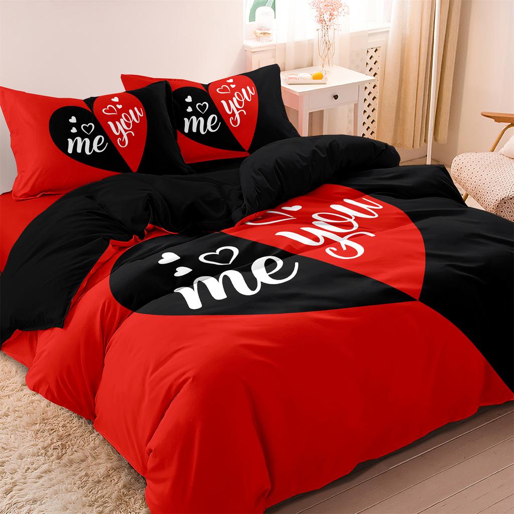3Pcs Set Red Black Me And You Rose Letters Heart Pattern Printed Quilt Duvet Cover Bedding Set For All Season Bedroom Hotels