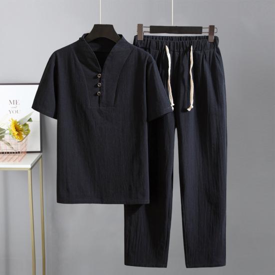 Футболка, брюки, костюм, модные карманы, пуговицы, мужской летний спортивный костюм, однотонный комплект из рубашки и брюк, мужской комплект из рубашки и брюк, мужская одежда
