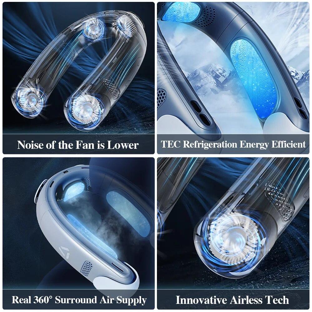 Портативный шейный вентилятор 5000 мАч, USB перезаряжаемый безлопастный вентилятор, бесшумный мини-электрический шейный ремешок, переносной кондиционер, охлаждающие вентиляторы