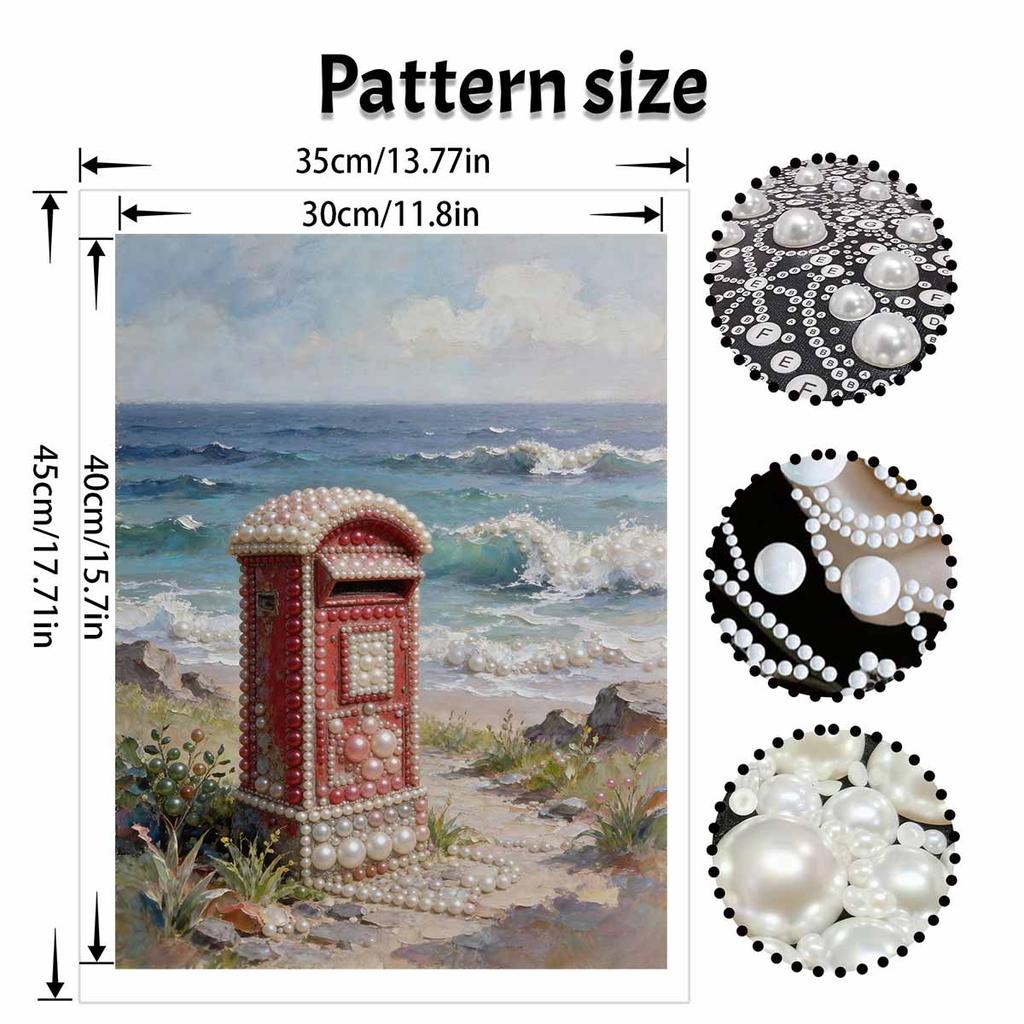 Pearl and Diamond Painting Art Kit DIY Gemstone Beading Craft Kit Red Postbox Beach Ocean Scenery Home Wall Decoration
