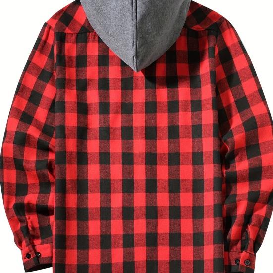 Fall Spring Men Shirt Hooded Drawstring Long Sleeves Color Matching Plaid Print Single-breasted Daily Wear School