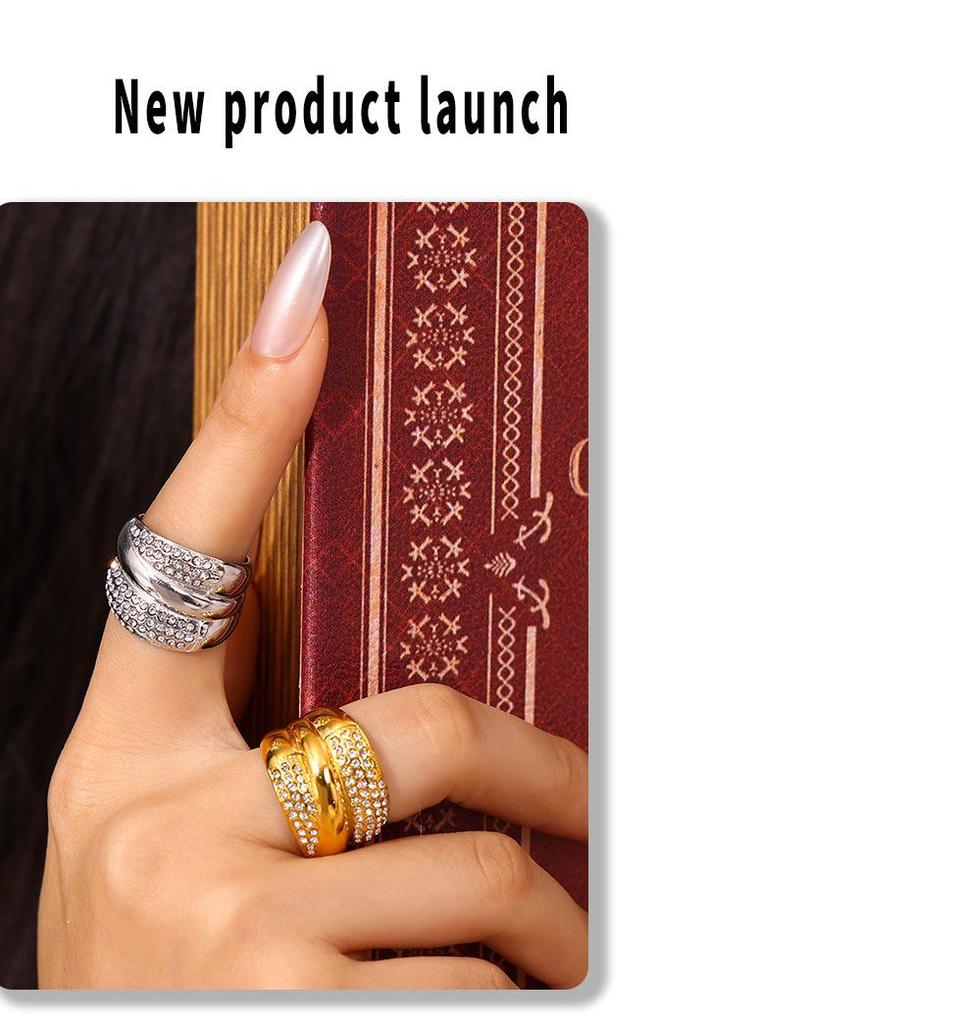 Европейско-американское геометрическое многослойное кольцо с бриллиантами, хип-хоп мода, дизайн из нержавеющей стали с покрытием из 18-каратного золота