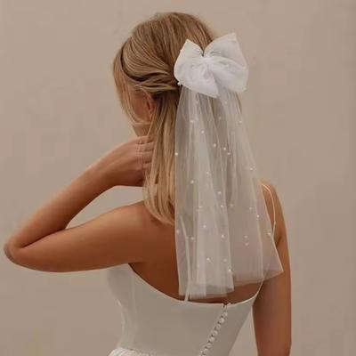 Заколка для волос невесты с бантом, фата из искусственного жемчуга, свадебный головной убор из белого тюля, свадебный аксессуар для волос на медовый месяц