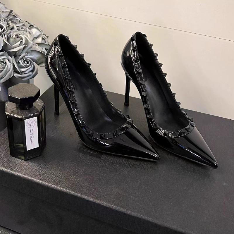 Модные Женские Модные Тонкие Туфли на Каблуке Осень Новые Остроносые Мелкий Вырез заклепки Накладные Износостойкие Высокие Каблуки