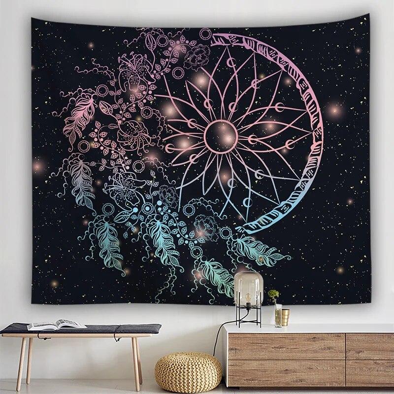 Богемный гобелен «Ловец снов» с психоделическим пером, мистический декор, настенный ковер в стиле хиппи для спальни, пляжное полотенце, домашний декор