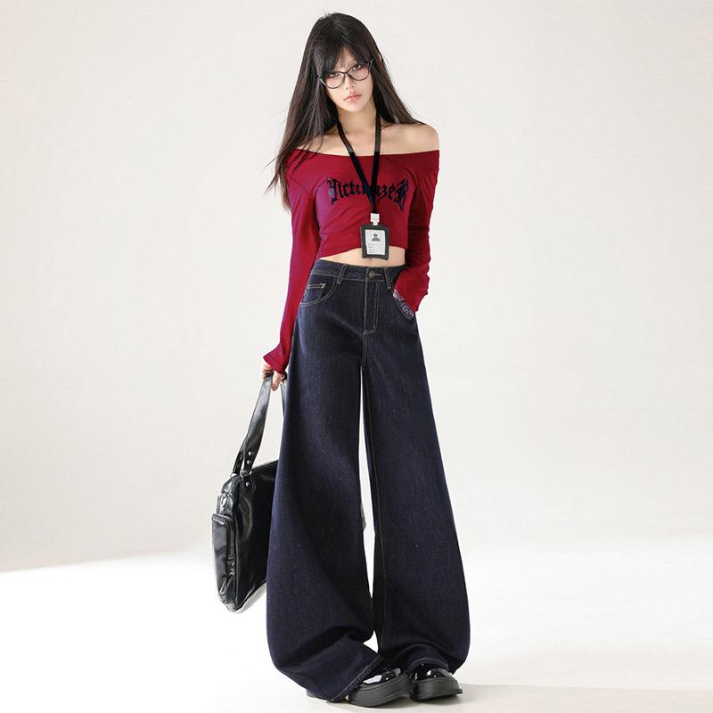 Retro dark blue wide-leg jeans women's autumn high waist loose and thin retro lazy drape floor pants