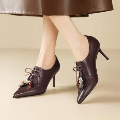 Модные туфли-лодочки на шпильке с ремешками спереди, новинка осени, с острым носком, глубоким вырезом, противоскользящие, износостойкие, на высоком каблуке