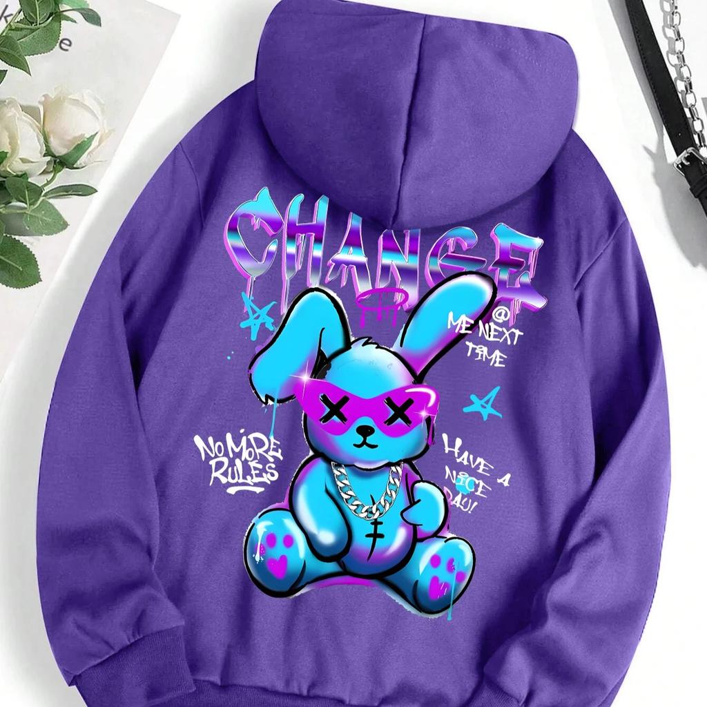 Модный свитшот с принтом в виде кролика и мультфильмов, женская мода, универсальная уличная толстовка с круглым вырезом, повседневные толстовки с капюшоном, пуловер, одежда больших размеров