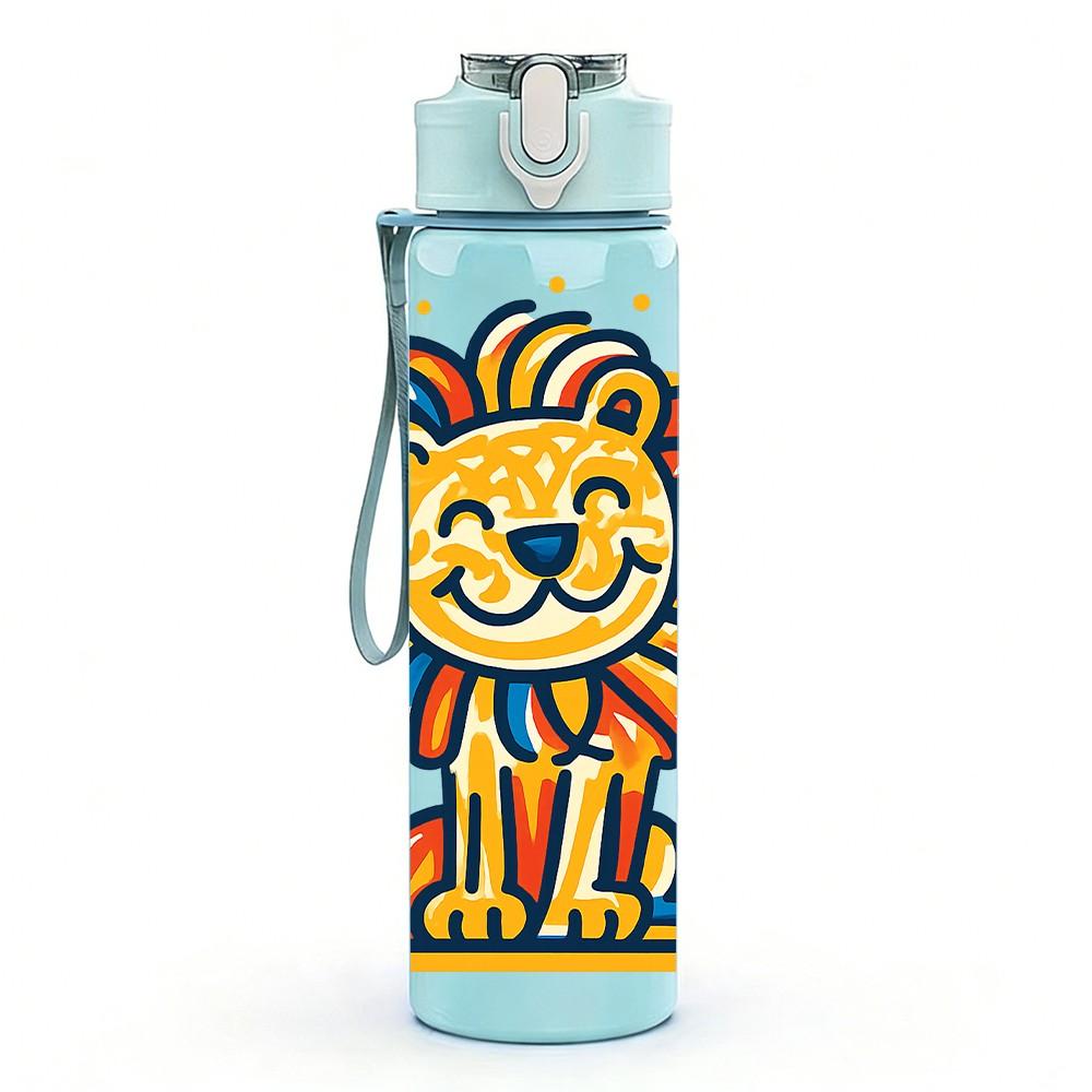 1PC Cartoon Lion Portrait 750ml Color Plastic Sports Water Bottle Leakproof Flip Straw Lid Suitable for Sports Office Home Use