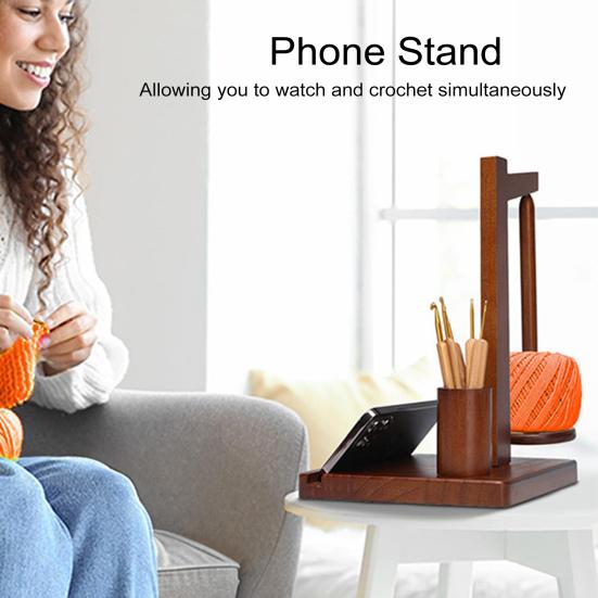 Деревянный держатель для пряжи с держателем для телефона, вращающийся маятник, вращающаяся машинка для вязания крючком и пряжей