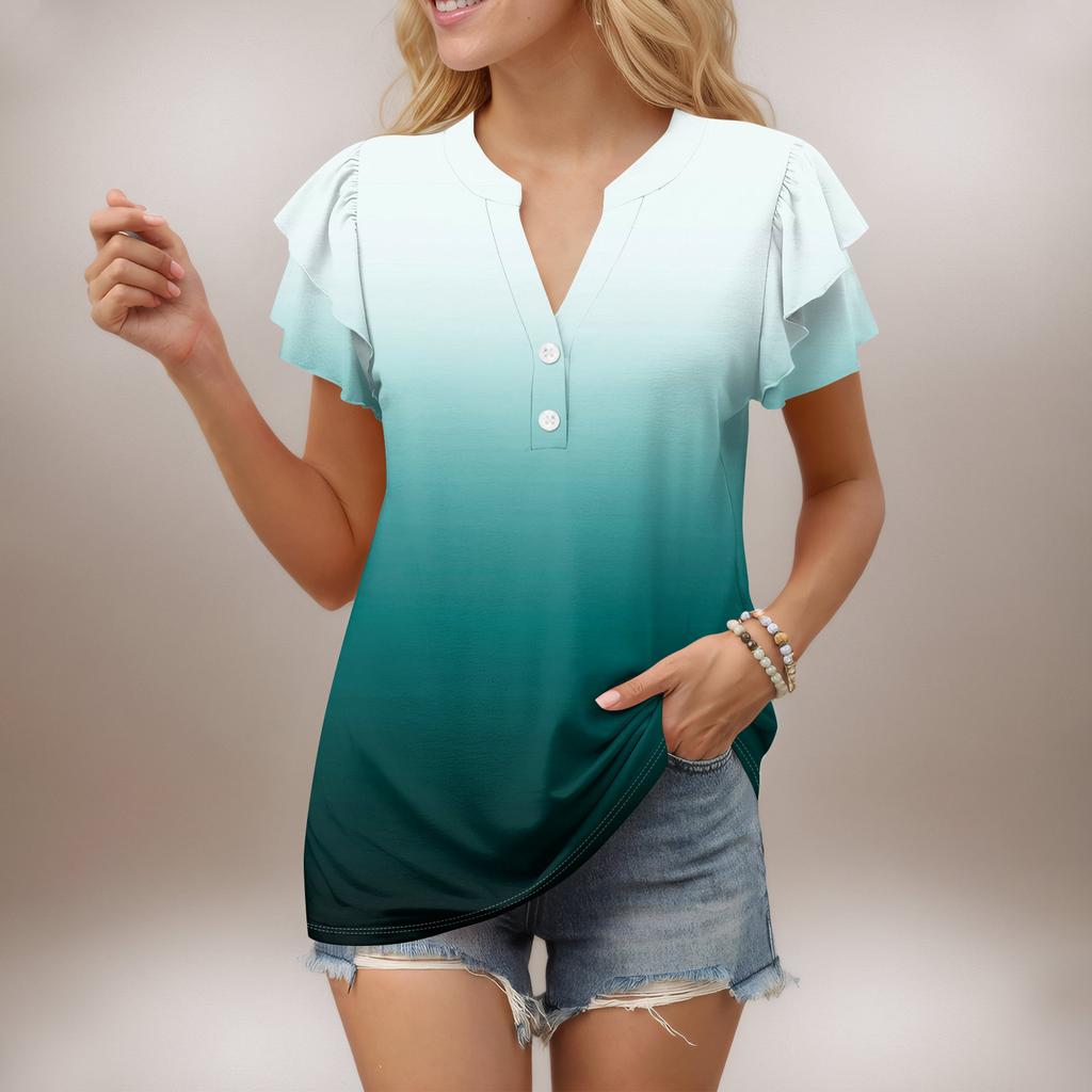 Женский повседневный топ с короткими рукавами и V-образным вырезом, с оборками и градиентом