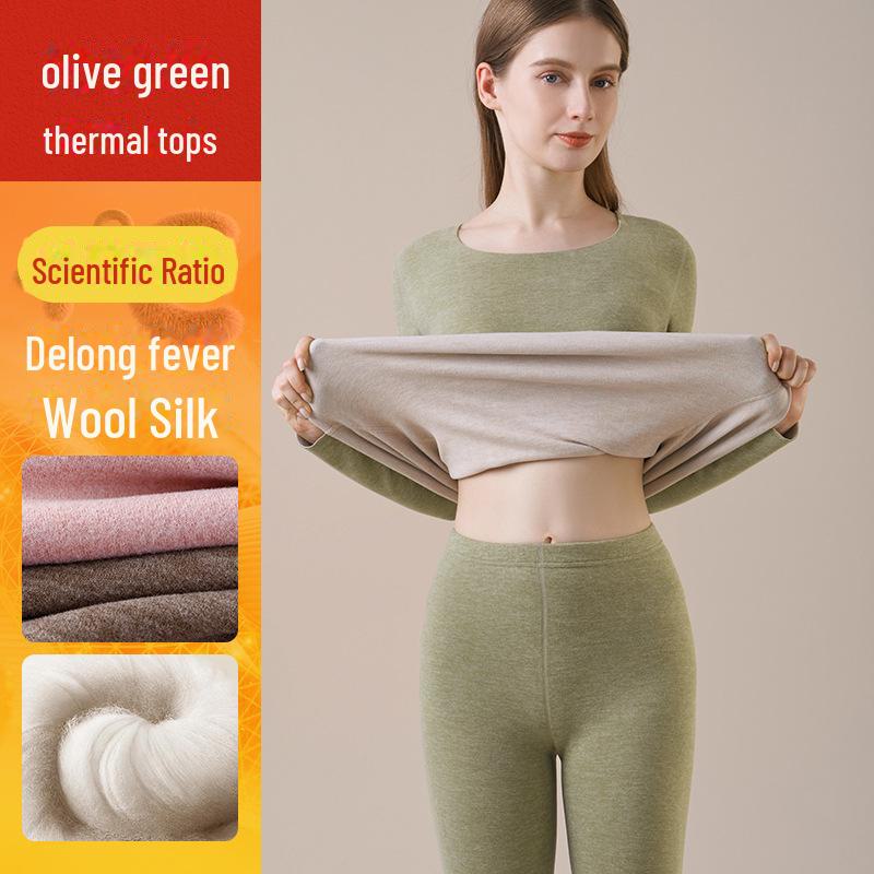 Женское термобелье из кашемира: Плюс бархатный, плотный бесшовный топ с круглым вырезом на осень/зиму.