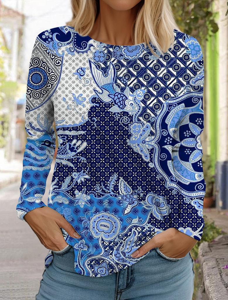 2024 Женские гавайские ретро-модные топы с длинным рукавом и круглым вырезом, повседневная футболка с длинным рукавом, дизайнерская новинка