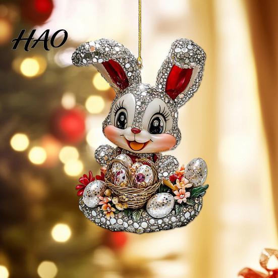Cute Rabbit Bag Accessory Easter Bunny Acrylic Pendant, with Basket, 2D Car Decorative for Home Window Rearview Mirror Hanging Ornament, Keychain