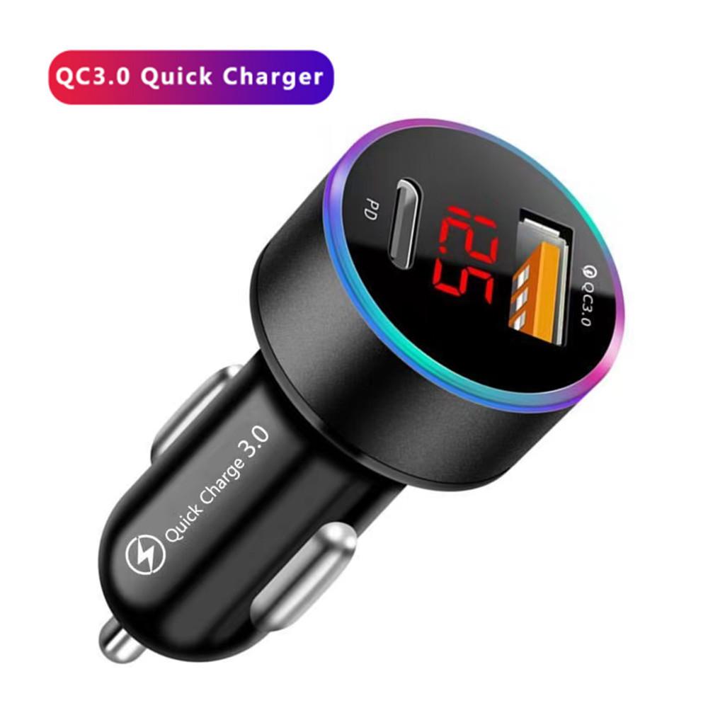 Многофункциональный цифровой дисплей QC3.0 один USB автомобильная зарядка быстрая зарядка + PD двойная быстрая зарядка мобильный телефон автомобильная зарядка автомобиль оптовая продажа