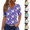 Women's Casual Print V-Neck Short Sleeve Decorative Button T-Shirt Top