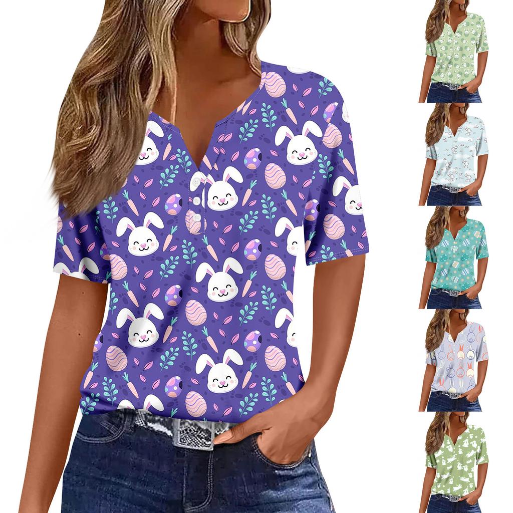 Women's Casual Print V-Neck Short Sleeve Decorative Button T-Shirt Top
