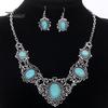 Women\'s Hollow Tibetan Oval Turquoise Bib Collar Necklace Earrings Jewelry Set