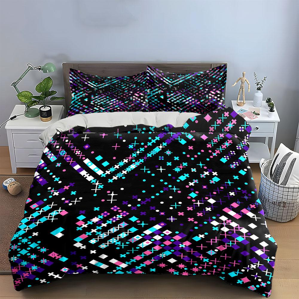 3Pcs Cyberpunk Neon Pattern Bedding Set, Pink and Blue Crosses Print Duvet Cover + 2 Pillowcases, home decor