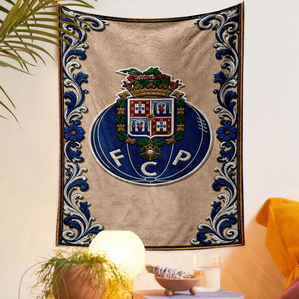 "FCP Emblem with Ornate Blue Border" Patterned Tapestry Decorative Wall Hanging, Home Bedroom Living Room Decor