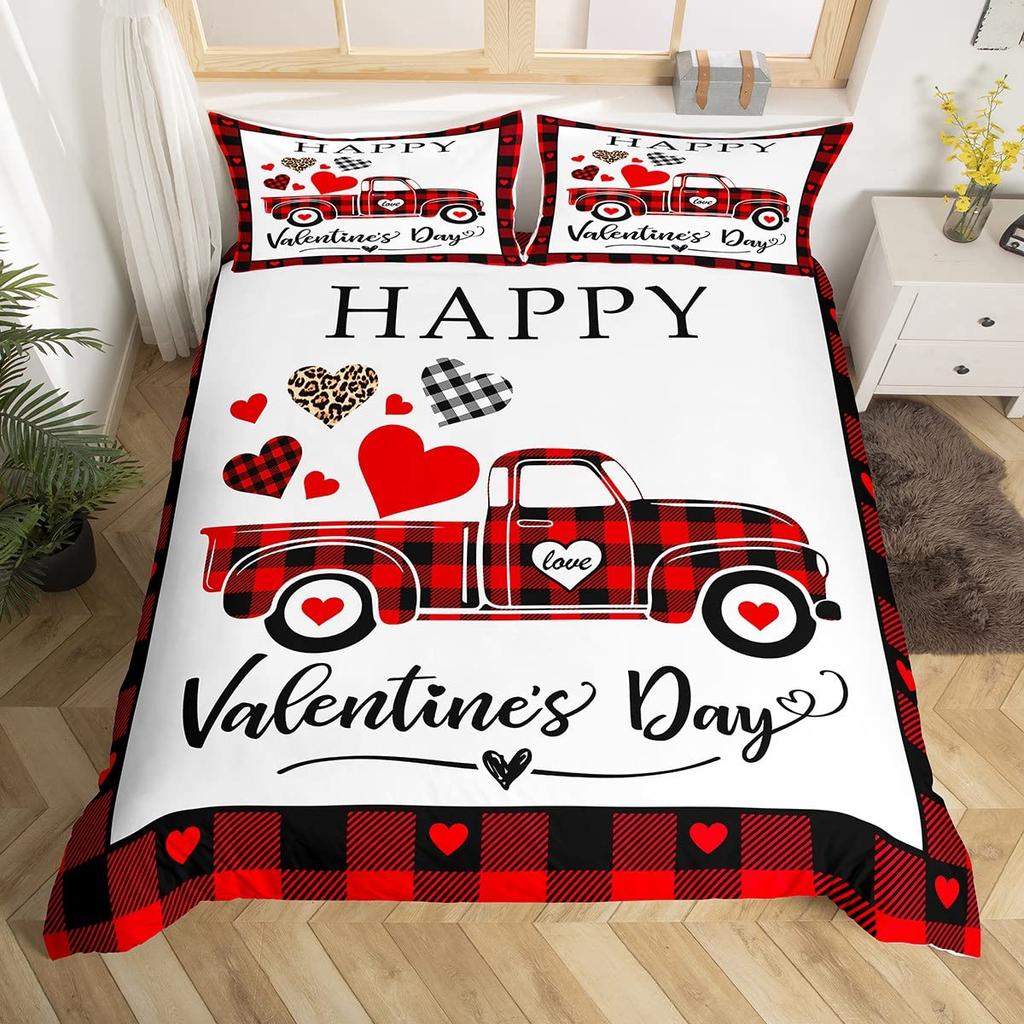 Комплект пододеяльника на День святого Валентина размера кинг, Постельное белье с красным грузовиком, сердцем и деревом, Пододеяльник с розовыми цветами и прицепом, Романтические подарки