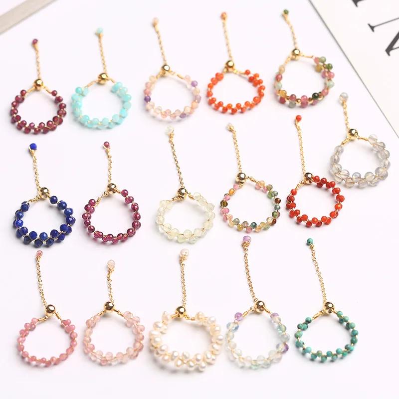 Natural Crystal Ring For Women Agate Tourmaline Moonstone Pearl Faceted Adjustable Winding Wire Ring Wedding Jewelry