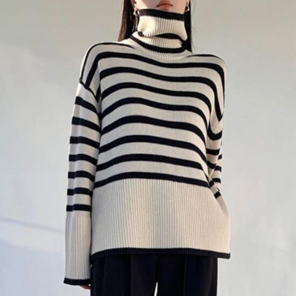 Navava Women S Striped Hem Slit Turtle Neck Long Sleeve Knit Top Nk2513