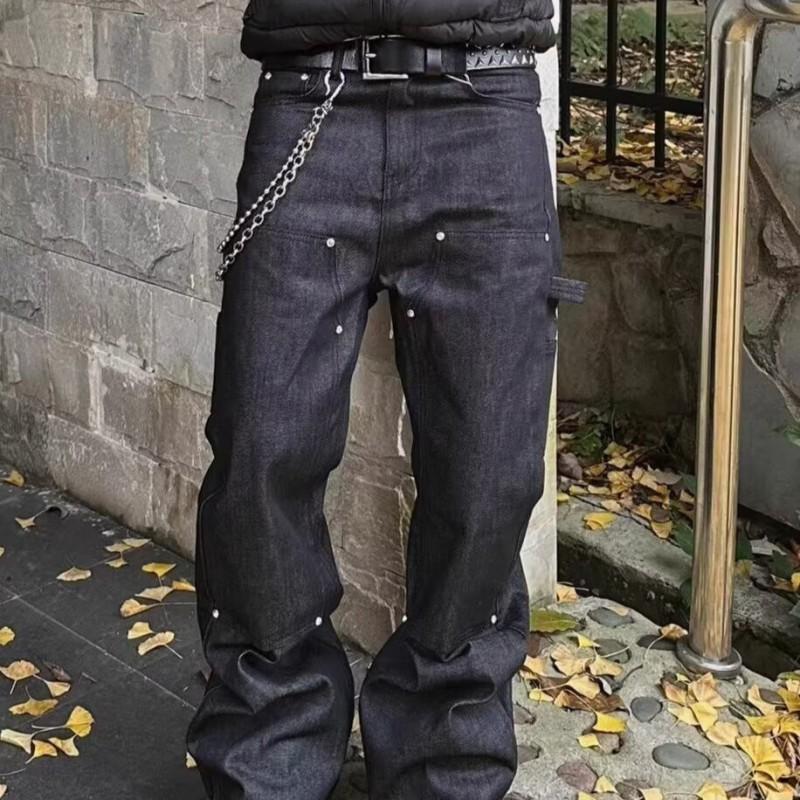 Mens Black Relaxed Fit Straight Leg Denim Pants With Zip Fly Vintage Streetwear Style