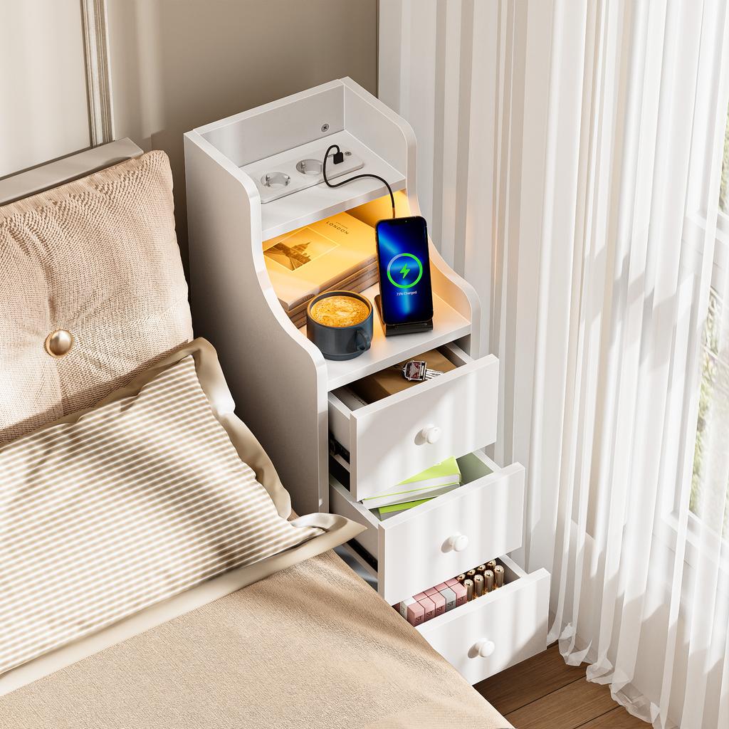 Wood Bedside Table 3 Drawers Adjustable Brightness With Charging Station 2AC/2USB Space Saving Side Cabinet Desk Nightstands