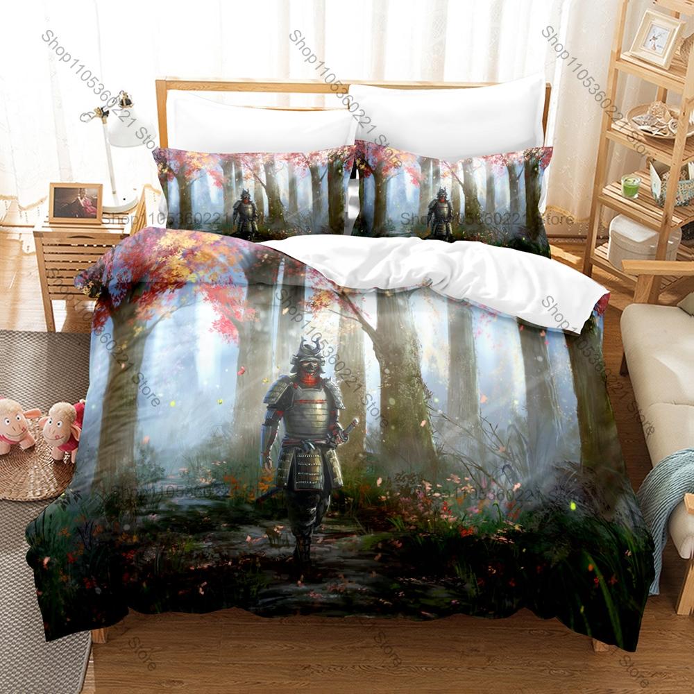 Cool Japanese Samurai Bedding Set Duvet Cover + 2 Pillowcases Traditional Ronin Katana Cherry Blossom Warrior Bedroom Decor