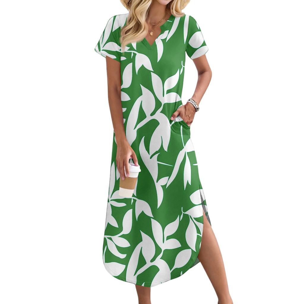 Women's Casual Comfortable V Neck Loose Hem Split Vacation Short Sleeve Floral Long Dresses