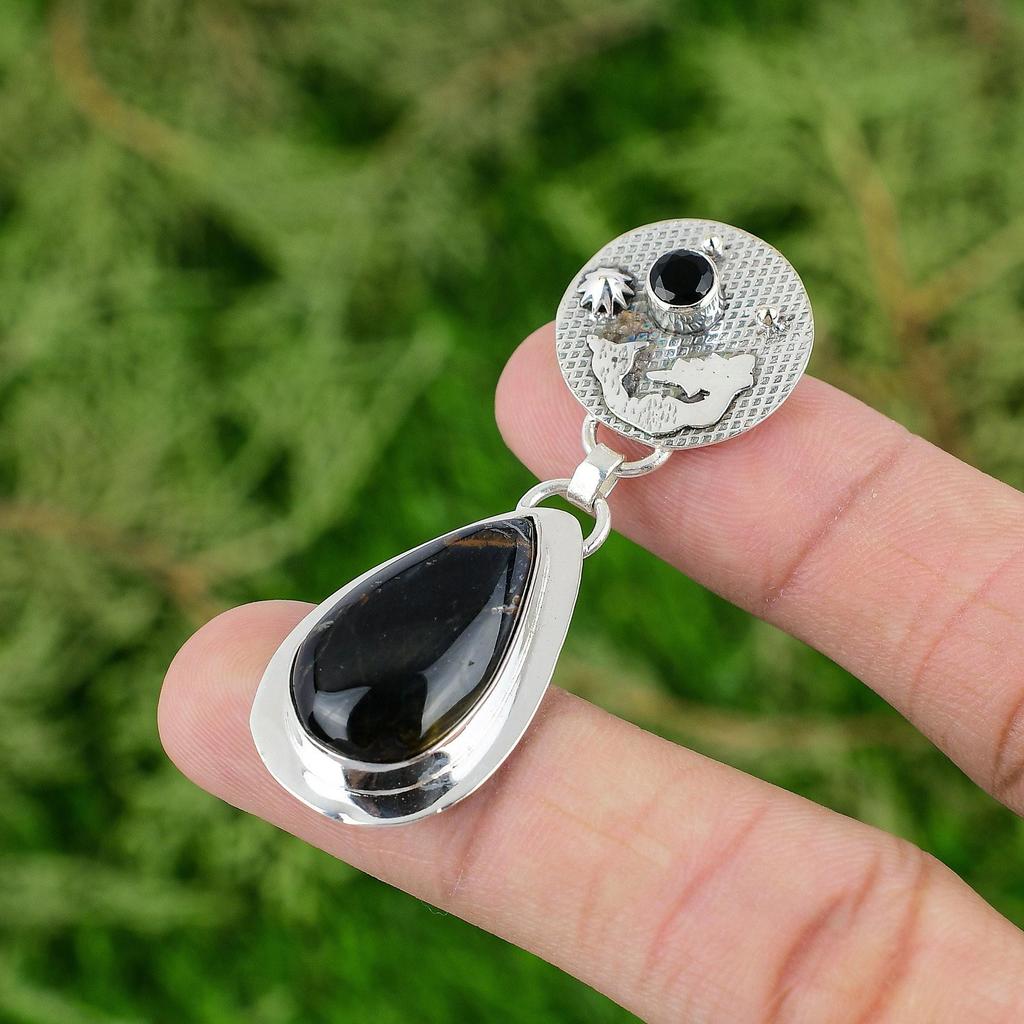 Daughters Day Deal Sterling Silver Pietersite Stone Black Onyx Mermaid Pendant