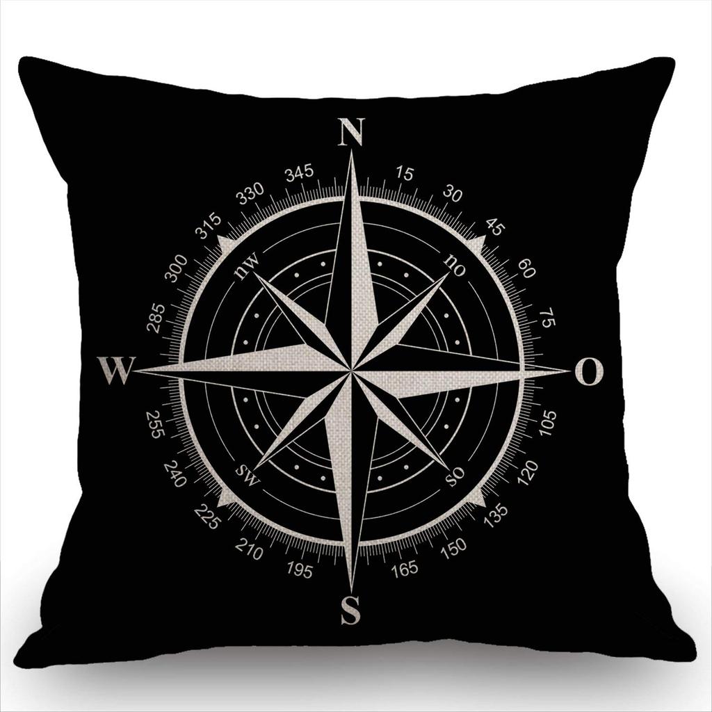 Vintage Compass Pillowcase Black and White Nautical Cushion Cover Wind Rose Decor Throw Pillow for Living Room Bedroom