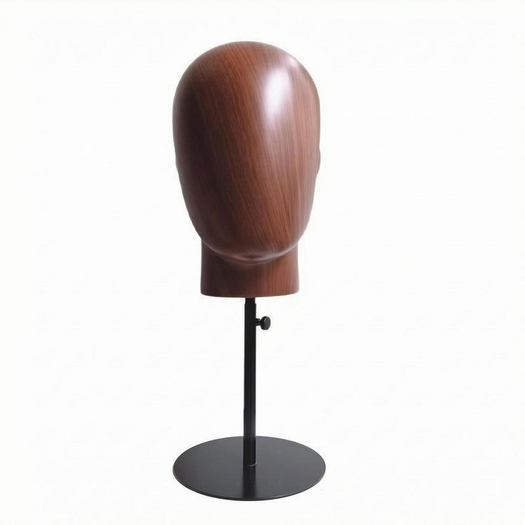 Head-Shaped Display Stand Adjustable Height Hairpiece Wood-Grain Finish