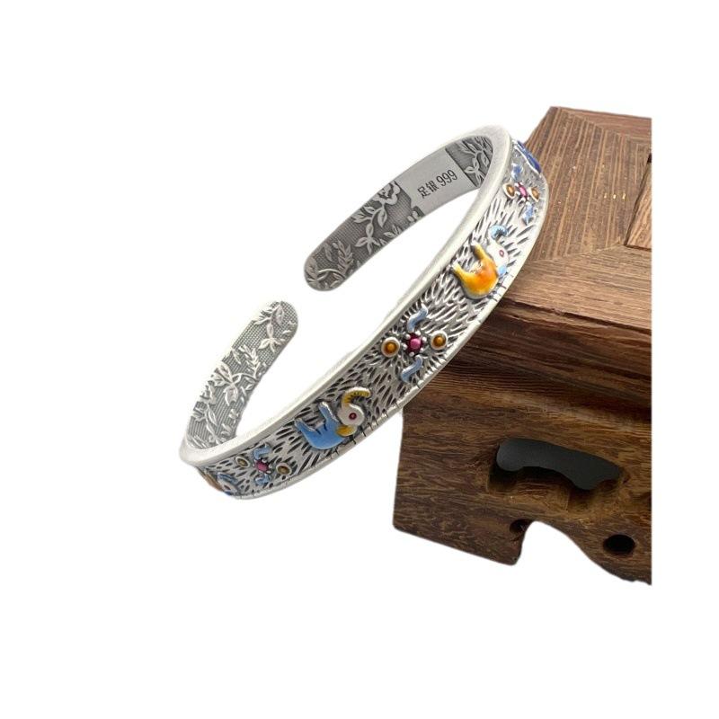 Zuyin S999 Lucky Elephant Enamel Colored Flower Blossoming Rich and Noble Bottom Open Bracelet with Ethnic Style Bracelet