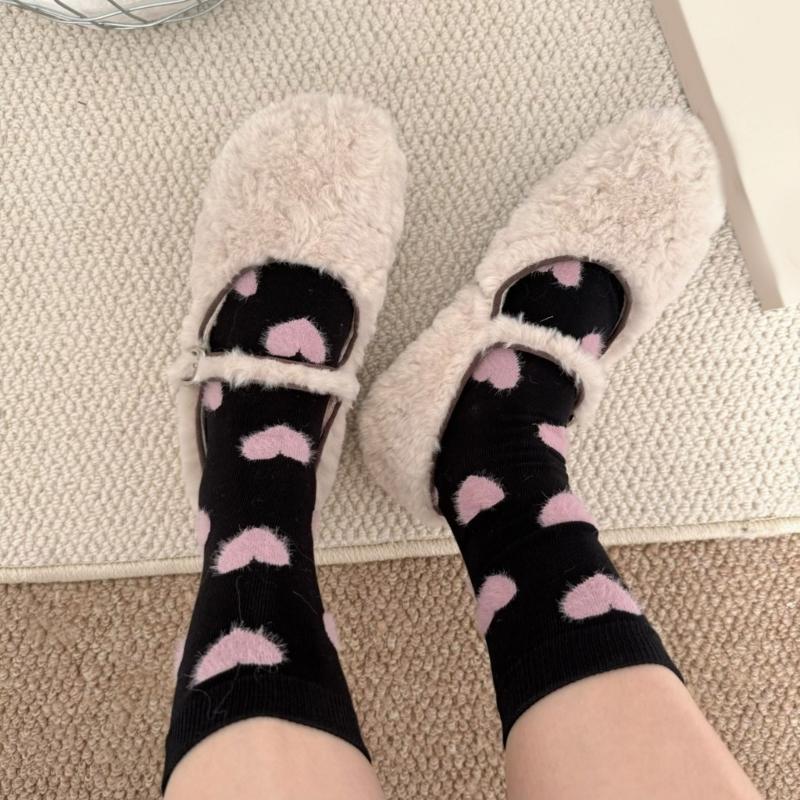 4 Pairs Breathable Women's Ankle Socks Flocking Heart Pattern Stretchy Fit Nylon Fabric Crew Socks for Work and Leisure