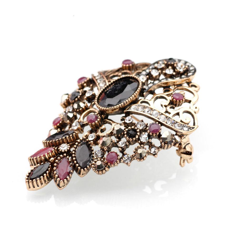 Women's Ethnic Hollow Flower Retro Brooch Antique Gold Color Circular Resin Scarf Corsage Light Jewelry Gift