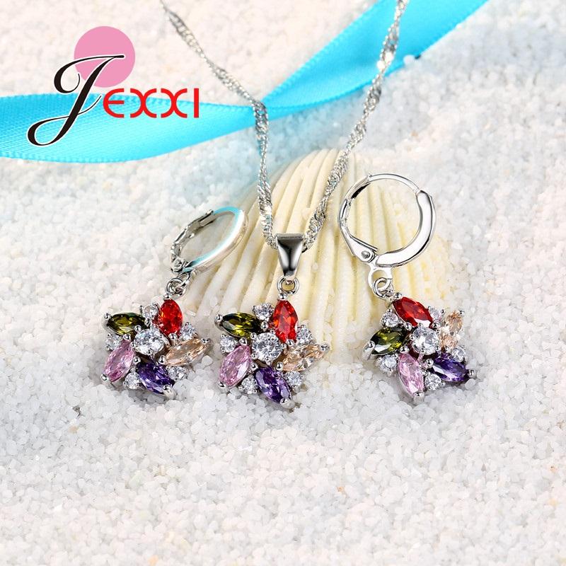 New Top Grade 925 Sterling Silver Flower Jewelry Set Colorful Crystal Pendant/Earrings/Women Wedding Jewelry Sets