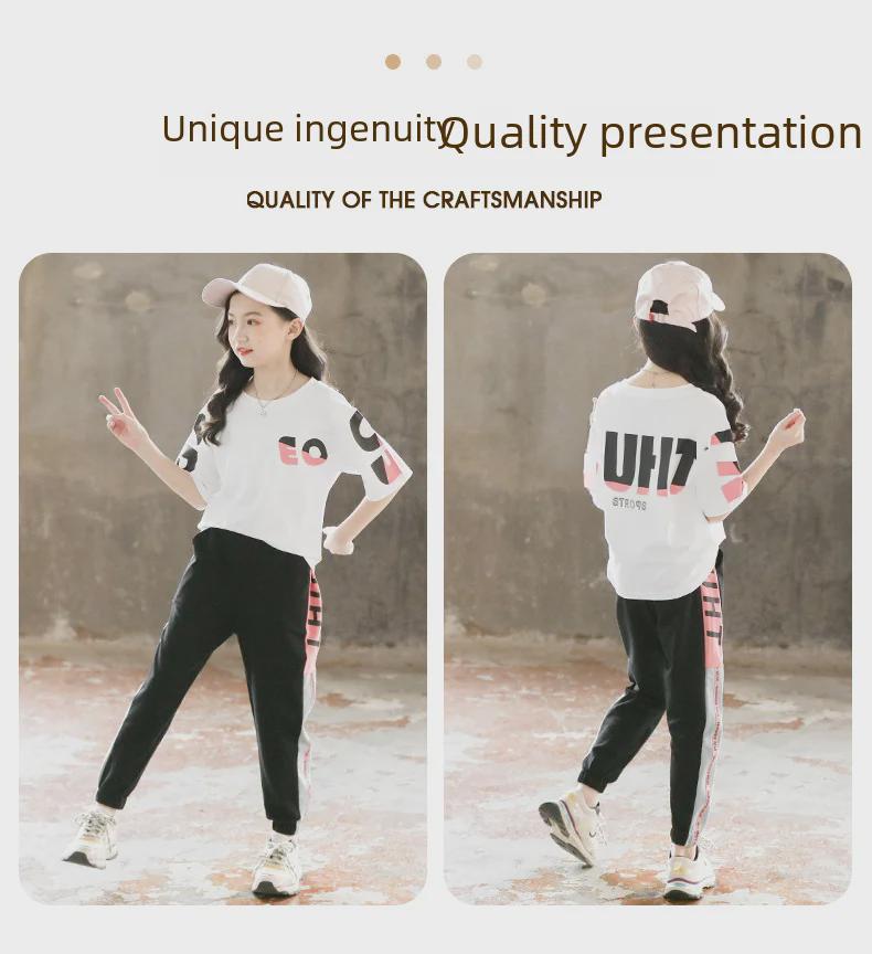 Новый летний спортивный костюм из двух частей для девочек: Топ и брюки с коротким рукавом для детей среднего и большого размера