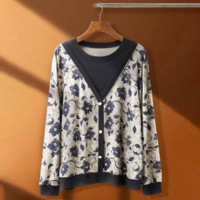 Женский свитшот Хлопок Оверсайз Имитация двух частей Свободный Круглый вырез Повседневный Пуловер Топ с длинным рукавом Свитшот