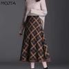Женская осенне-зимняя вязаная юбка средней длины с кисточками и высокой талией, клетчатая юбка
