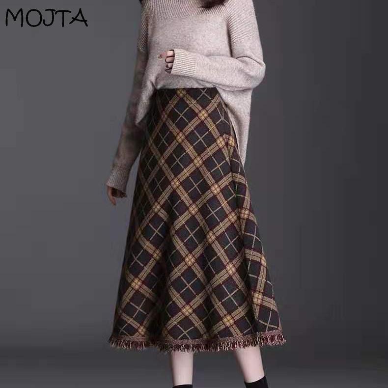 Женская осенне-зимняя вязаная юбка средней длины с кисточками и высокой талией, клетчатая юбка