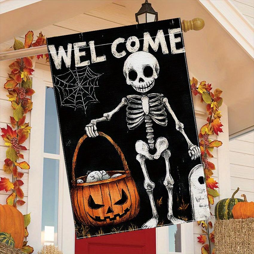 Spooky Skull & Pumpkin Welcome Halloween Garden Flag - Double-Sided, Durable Polyester, Perfect for Outdoor Decor